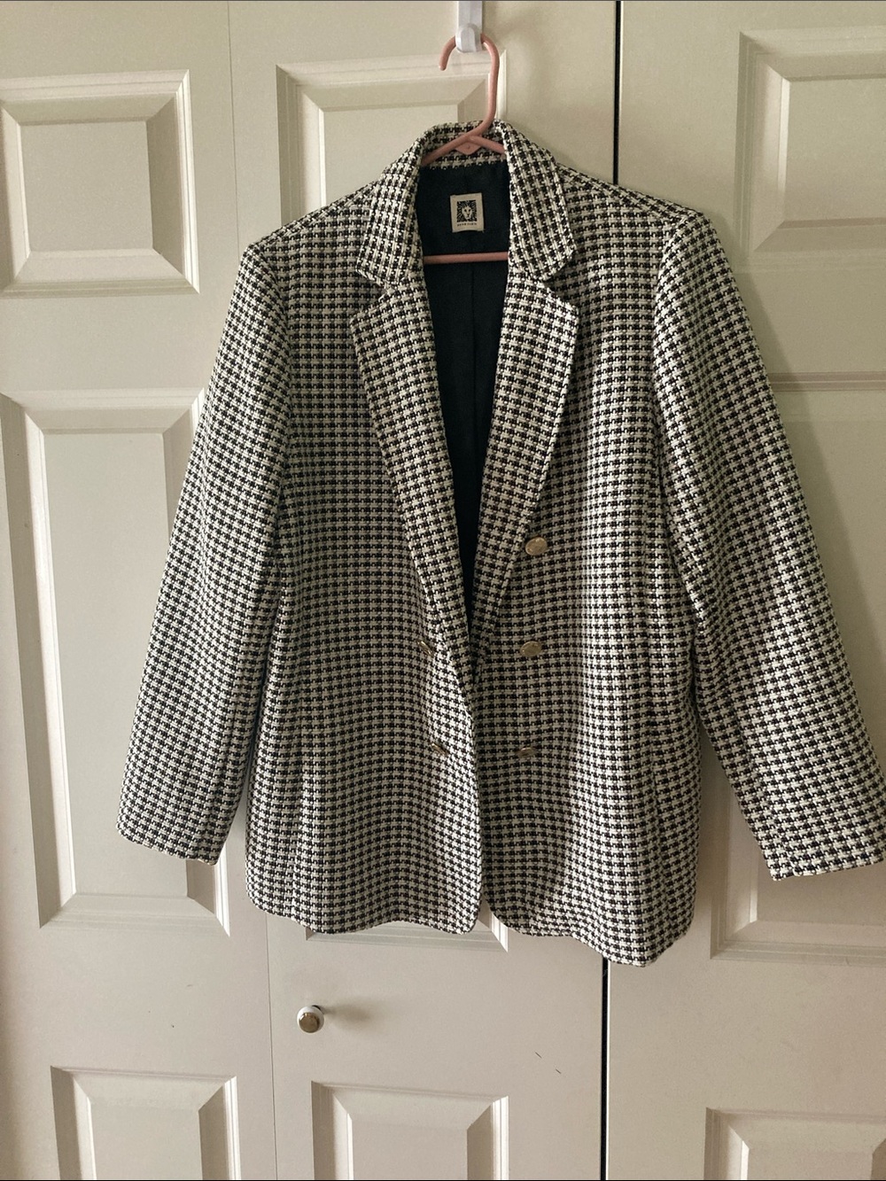 Anne Klein tweed double breasted open front blazer black off white tan classic